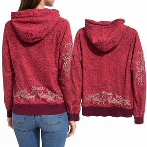 Cruel Girl Womens Burgundy Acid Wash Rhinestone Studded Zip Up Hoodie L